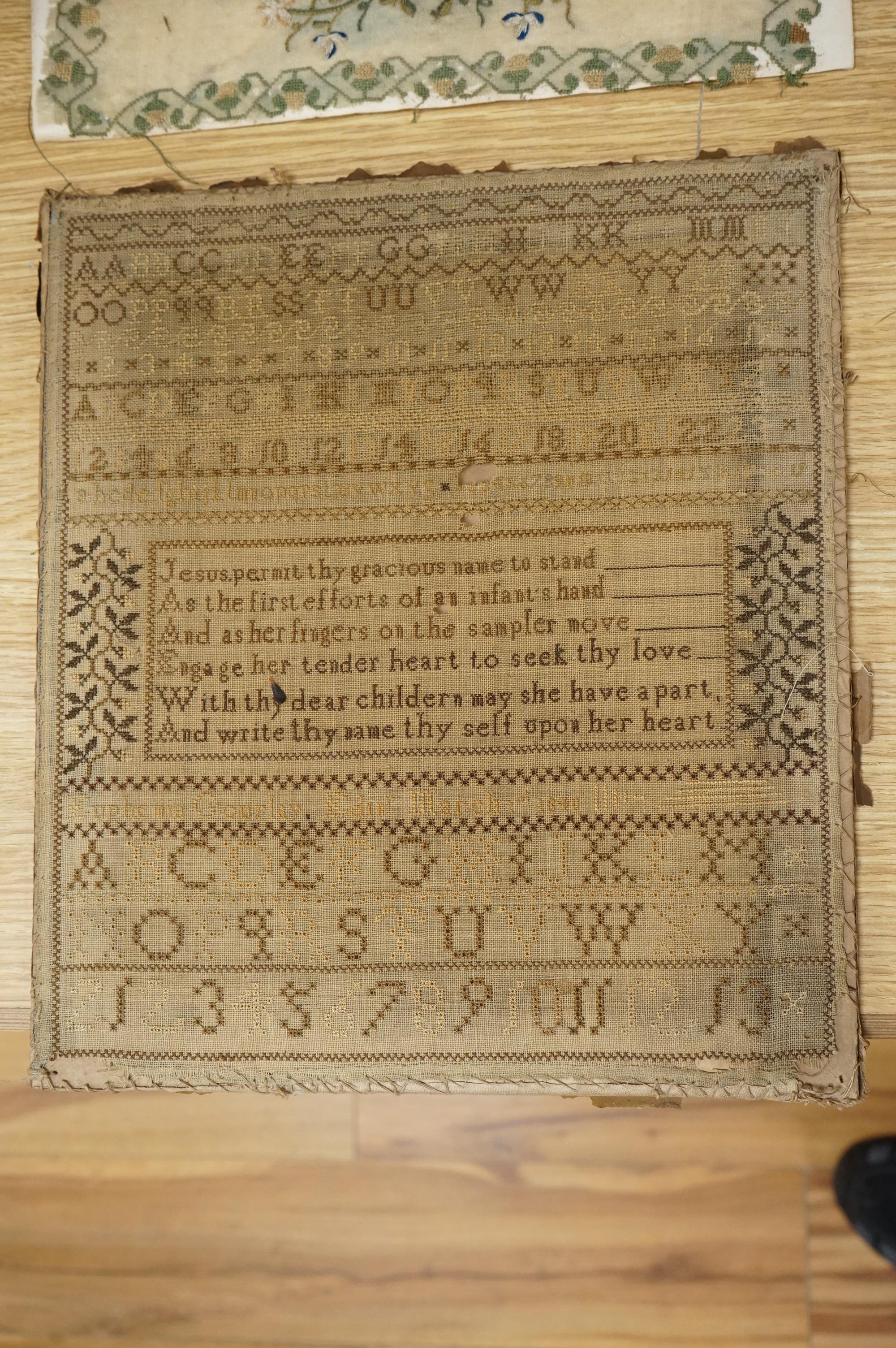 Two Victorian alphabet samplers to include one worked by Sarah Gibb, March 1831, unframed, largest 39cm high